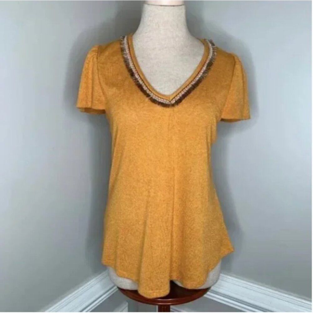 Bobeau Fringed V-Neck with Short Flutter Sleeves Mustard Gold Color Size Medium
